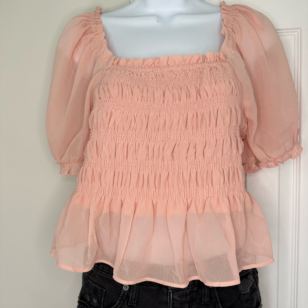 Very J NWT Peach Blush Crop Ruffle Sheer Ruch Top Blouse